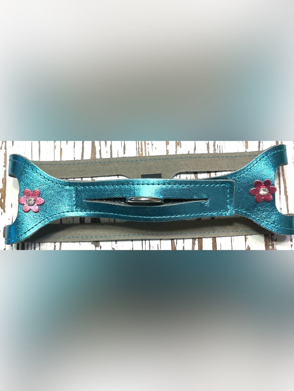 Teal Metallic Leather Dog step-in Harness with Pink Flower Accents 20 inches